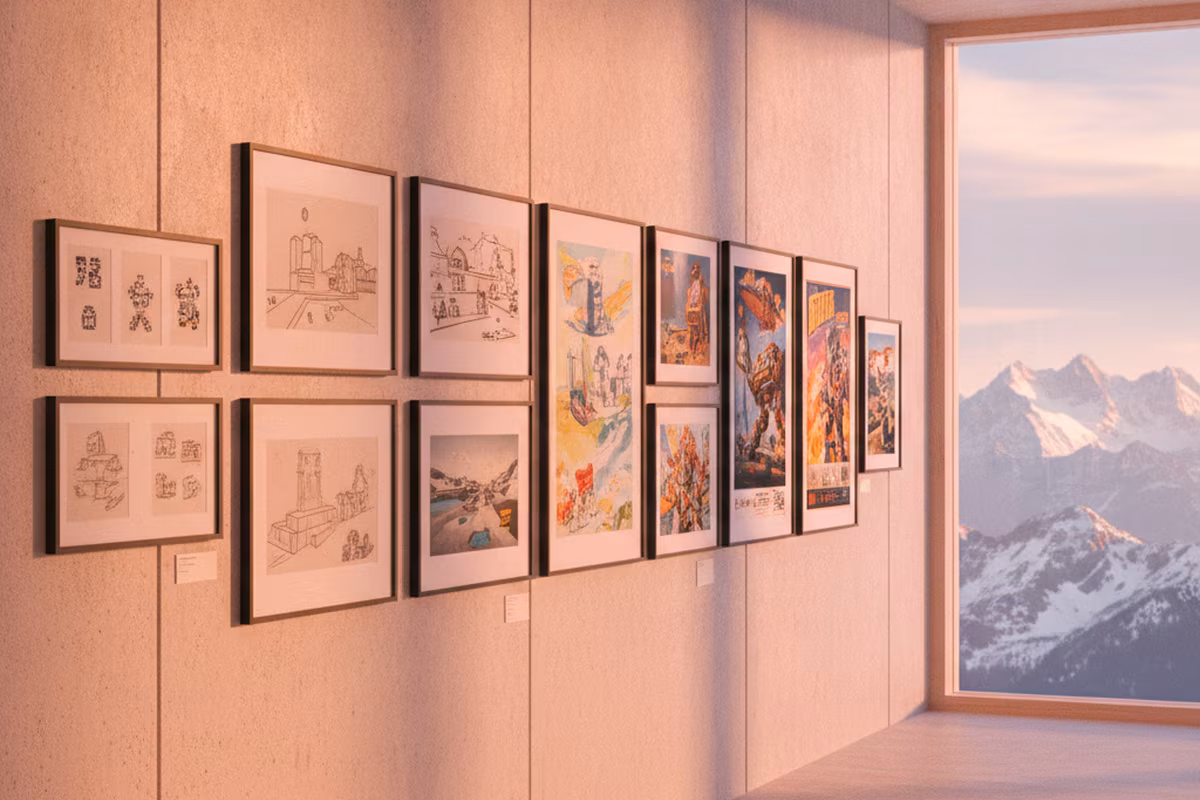 Studio wall covered in framed game artwork charting the platform's history
