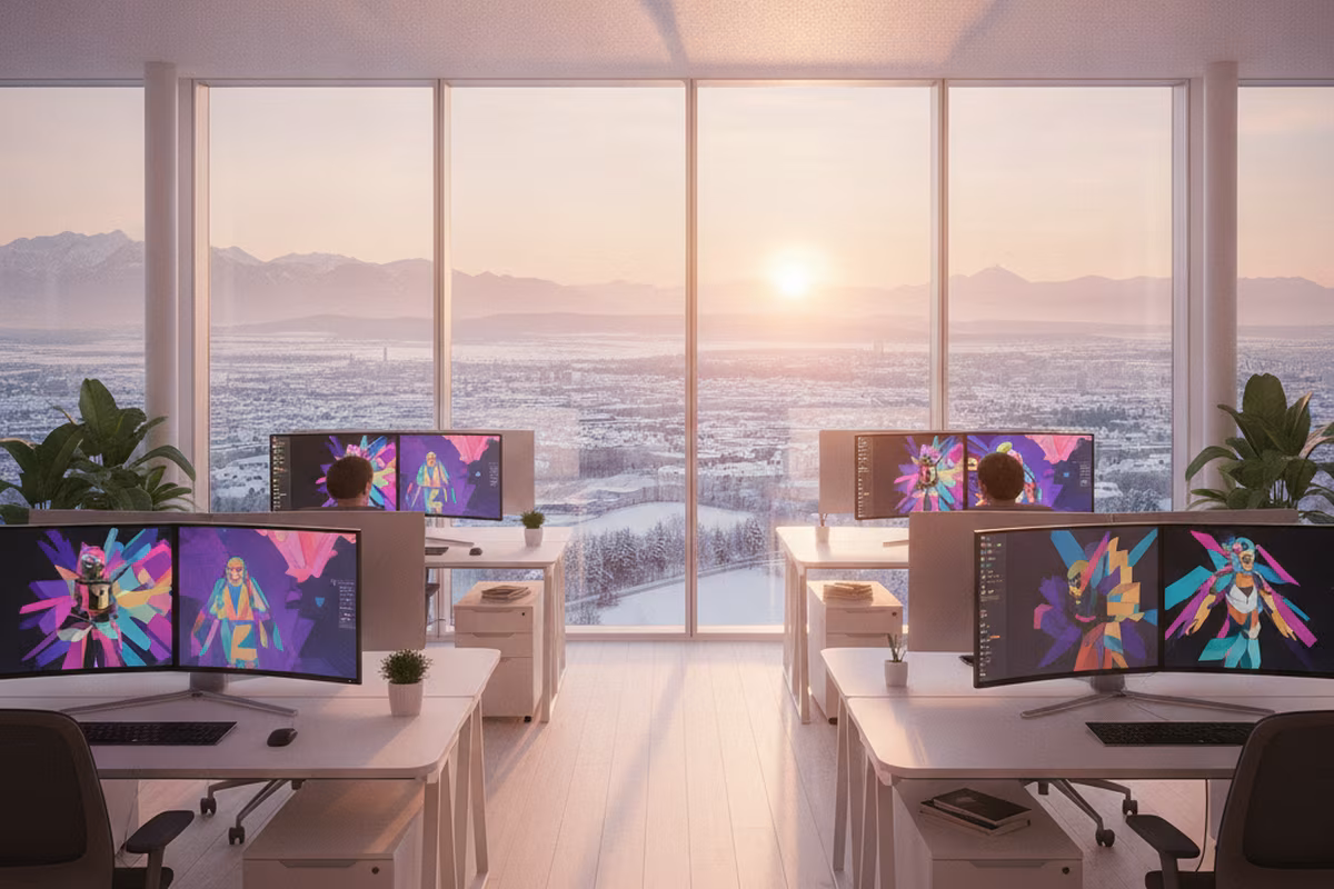 The bright Gipfelstürmer studio office in Stuttgart with design workstations