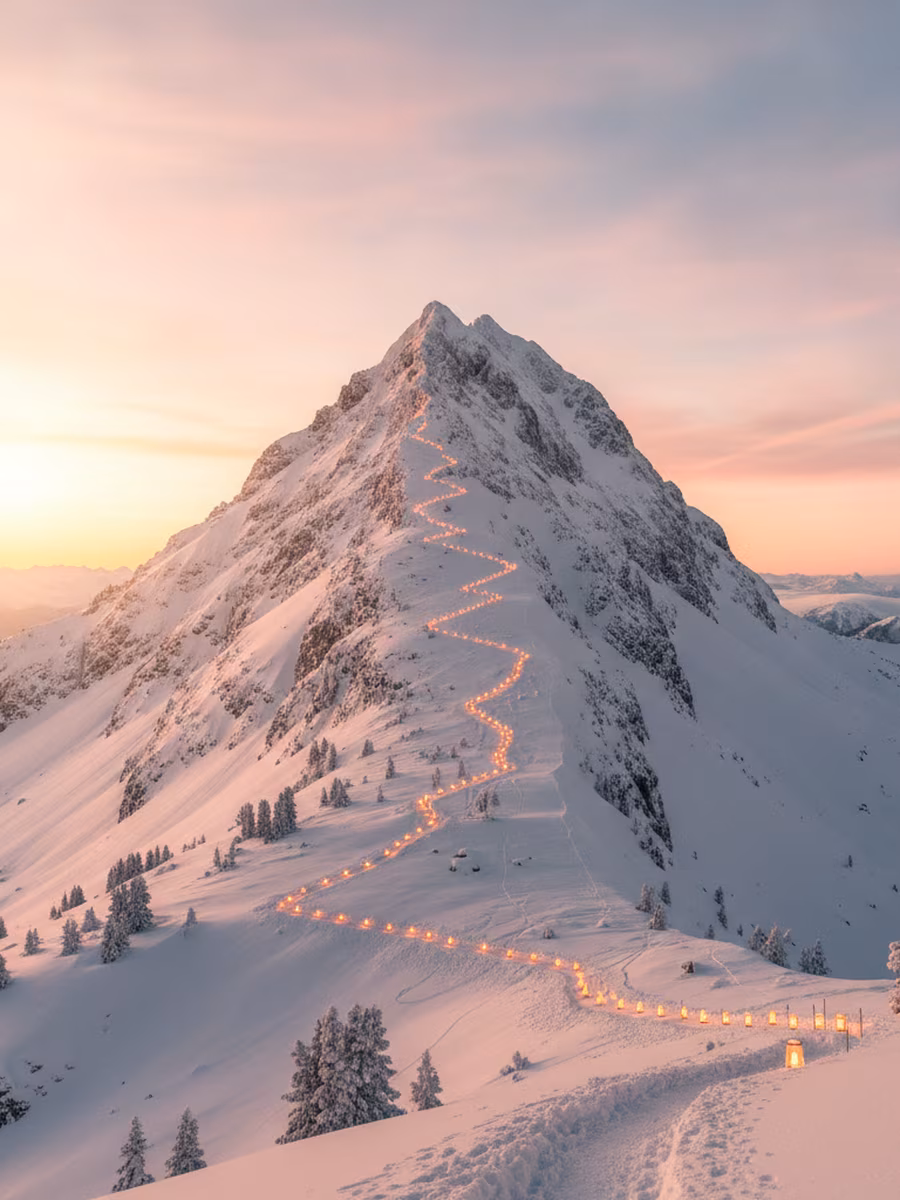 Lantern-lit trail ascending an alpine summit at dawn