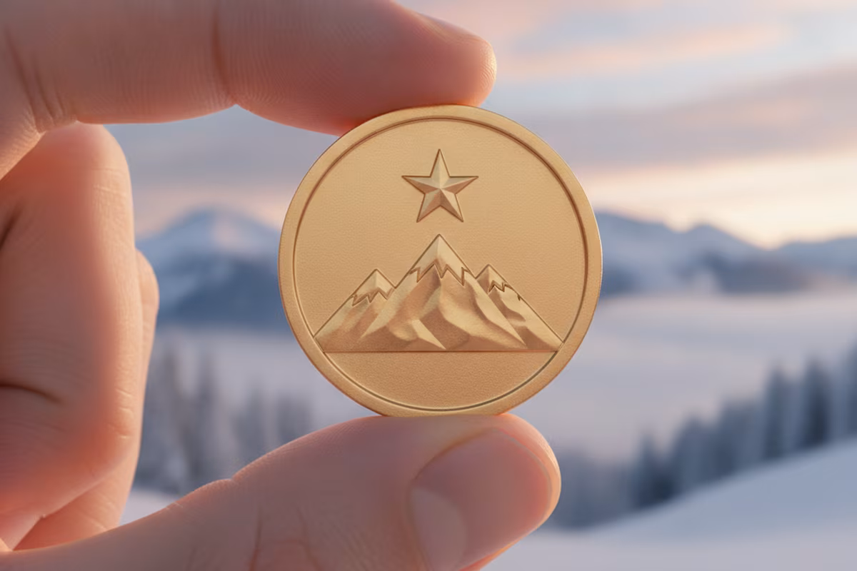 Close-up of a golden Summit Coin embossed with a mountain peak emblem