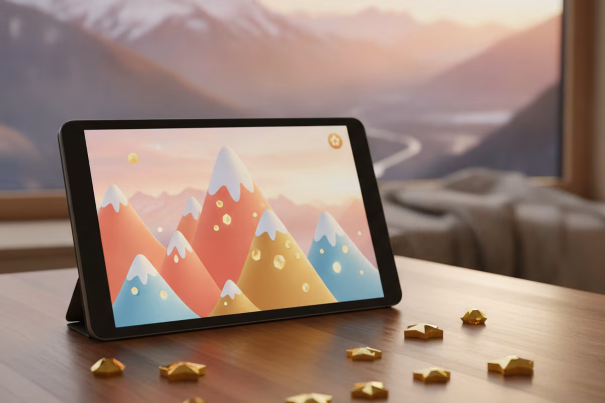 Tablet showing an alpine slot game beside a stack of golden tokens