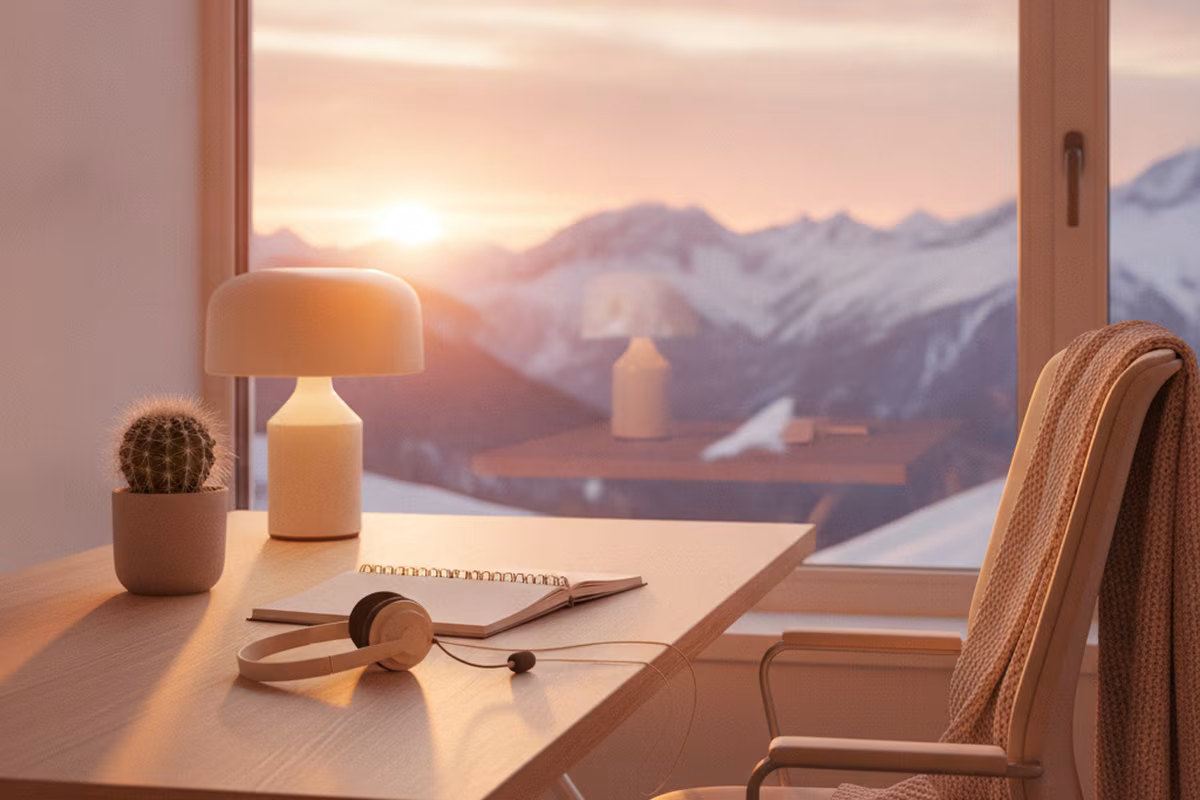 A tidy support workspace with a laptop, notebook and warm lamp light