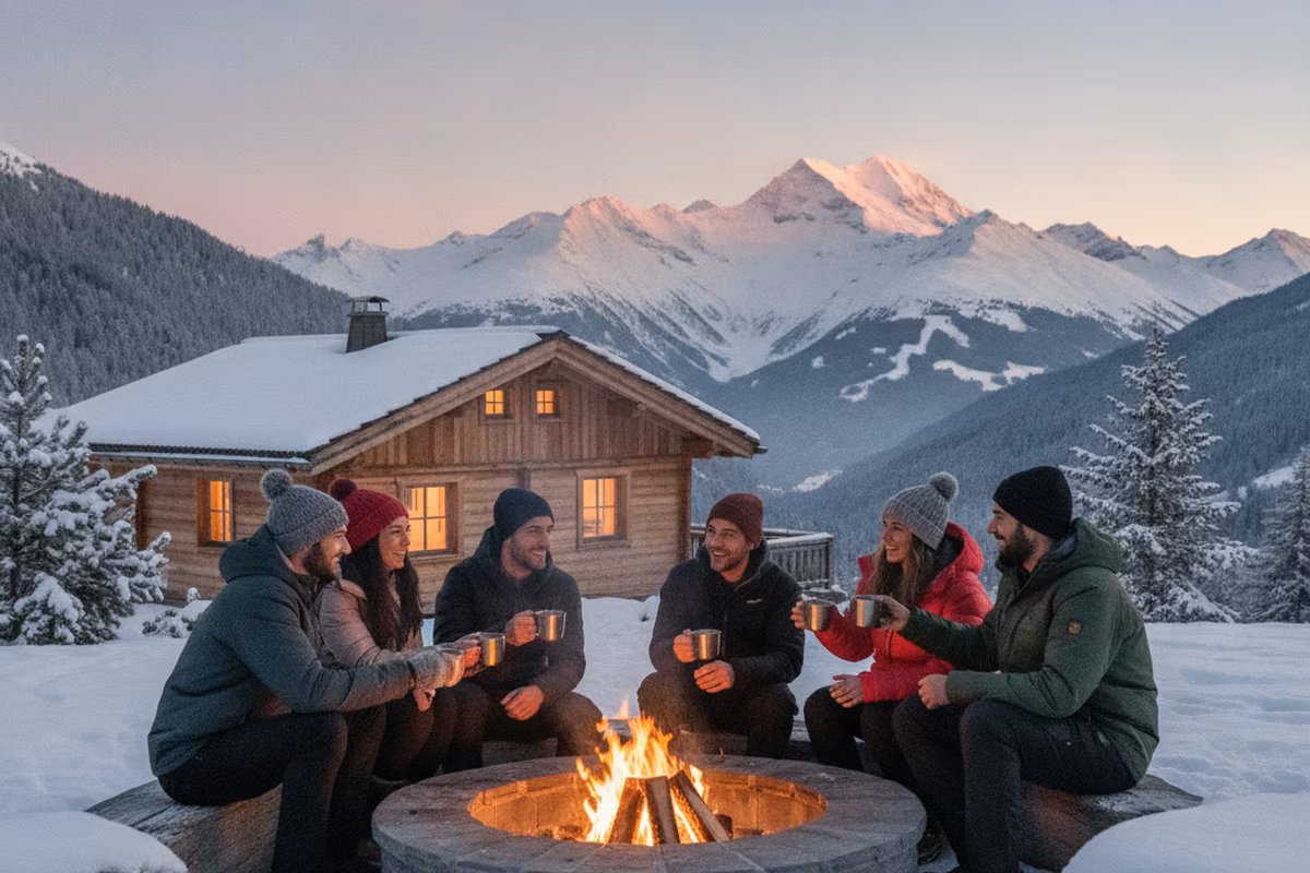 Group of friends laughing together around an outdoor fire pit at dusk