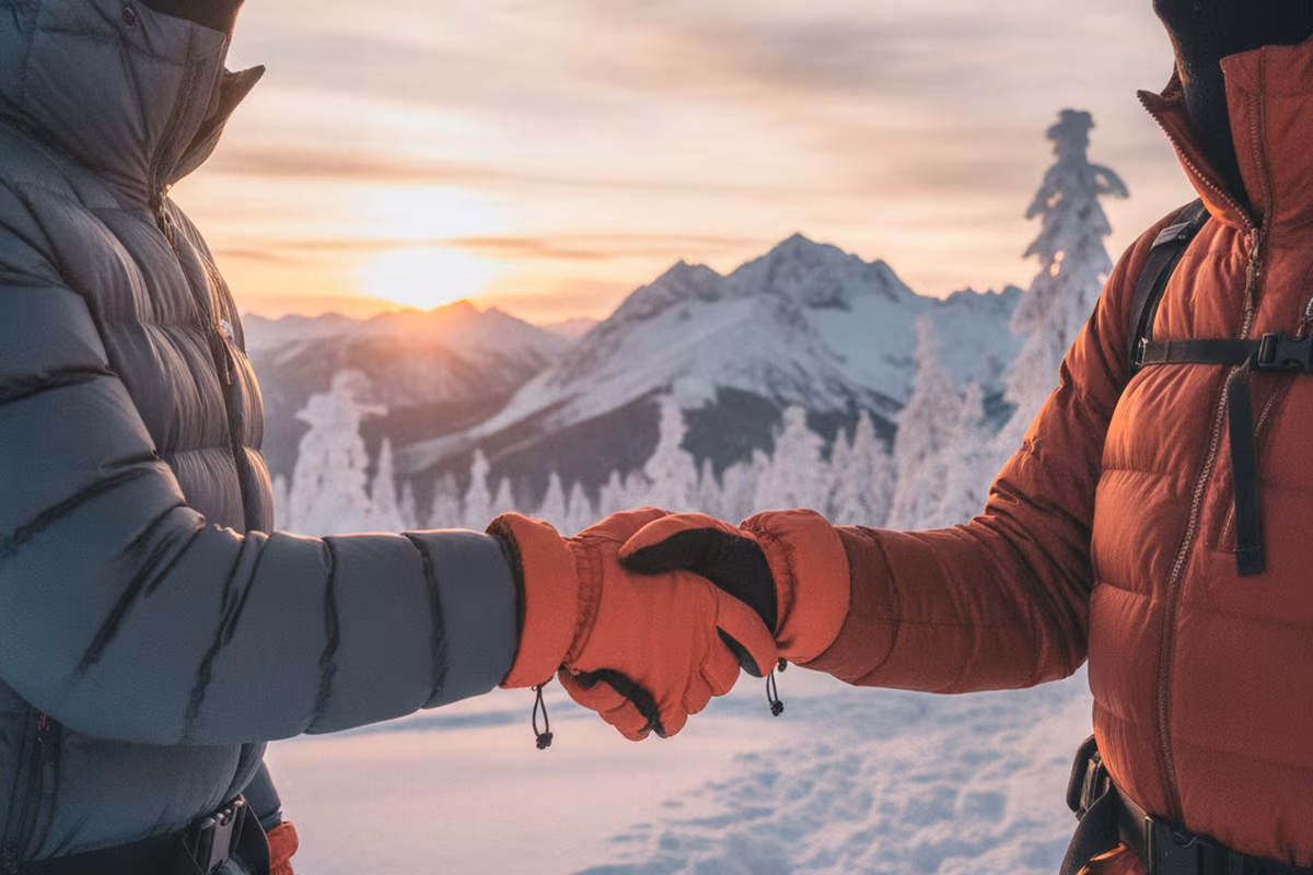 Two hikers shaking hands on a snowy mountain trail