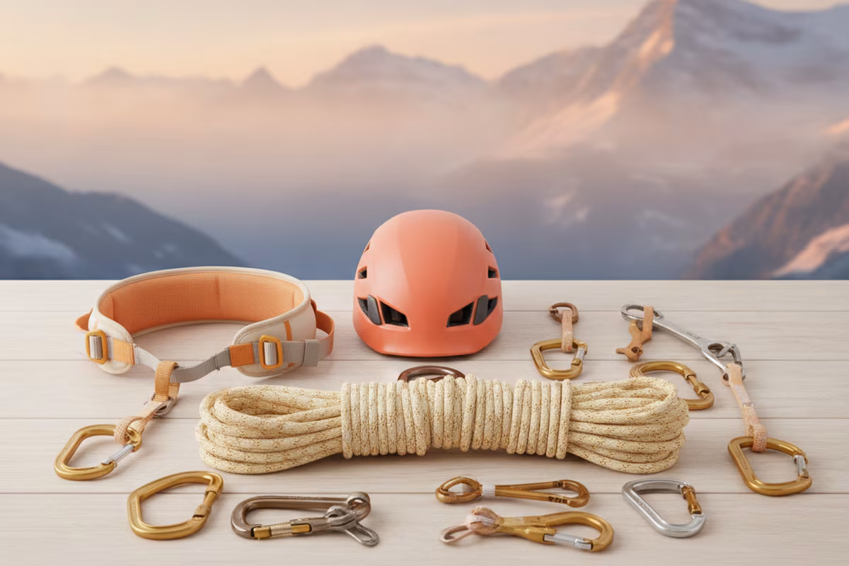 Climbing safety gear including rope, carabiners and helmet arranged on a flat surface