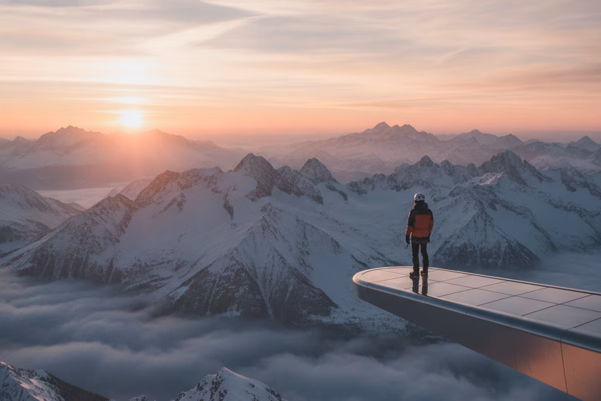 Climber standing at a summit viewpoint looking across the mountain range