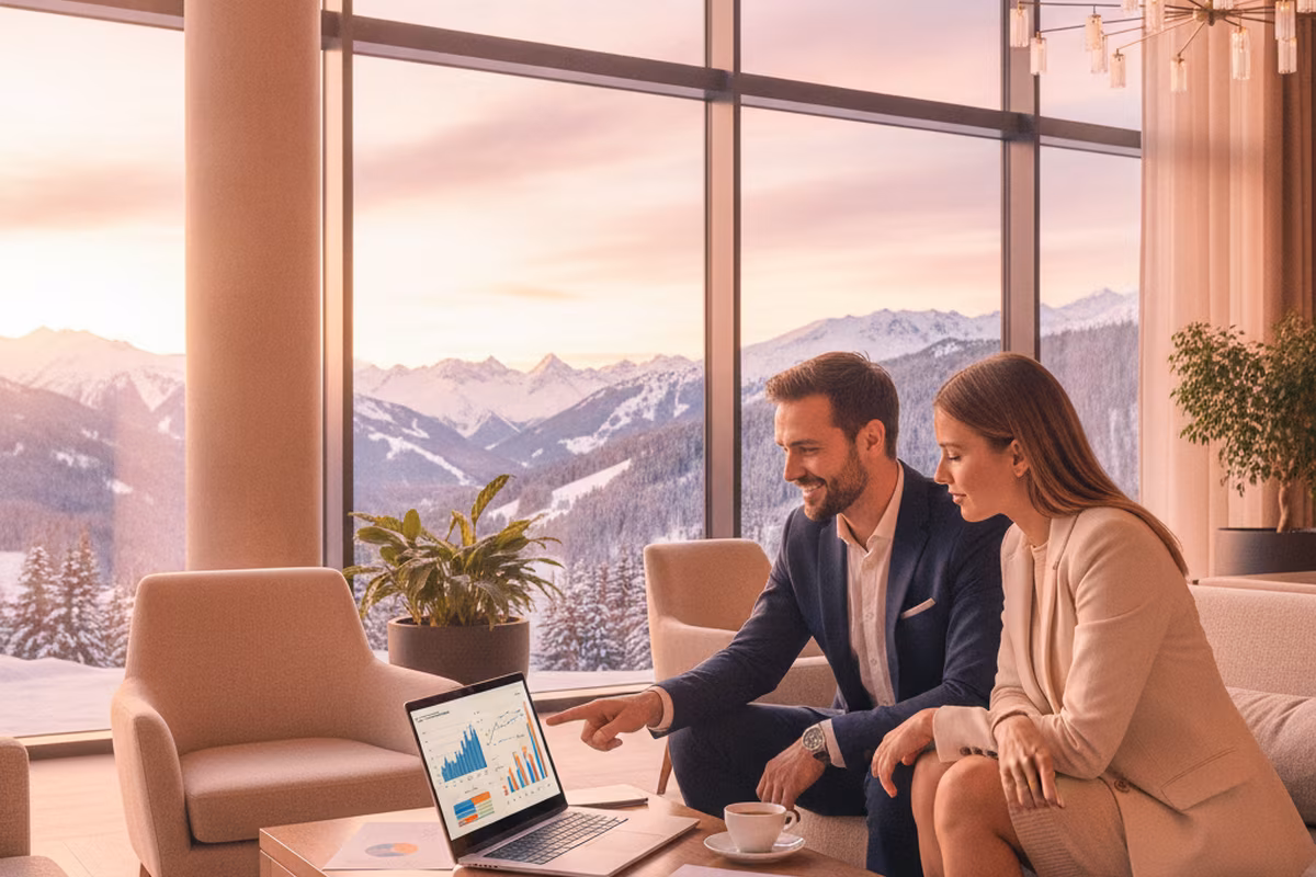 Business people talking in a warm alpine hotel lobby with mountain views