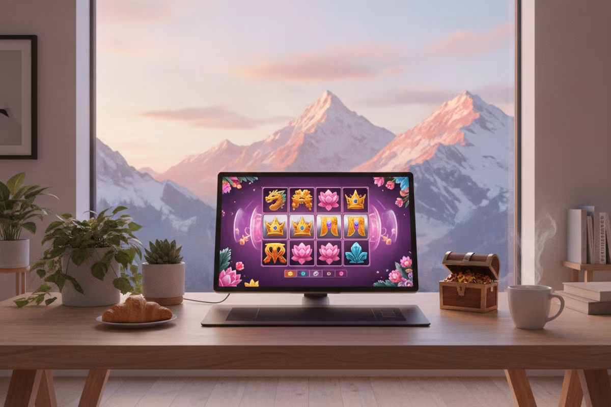 Game designer workspace with sketches of alpine slot symbols on screen