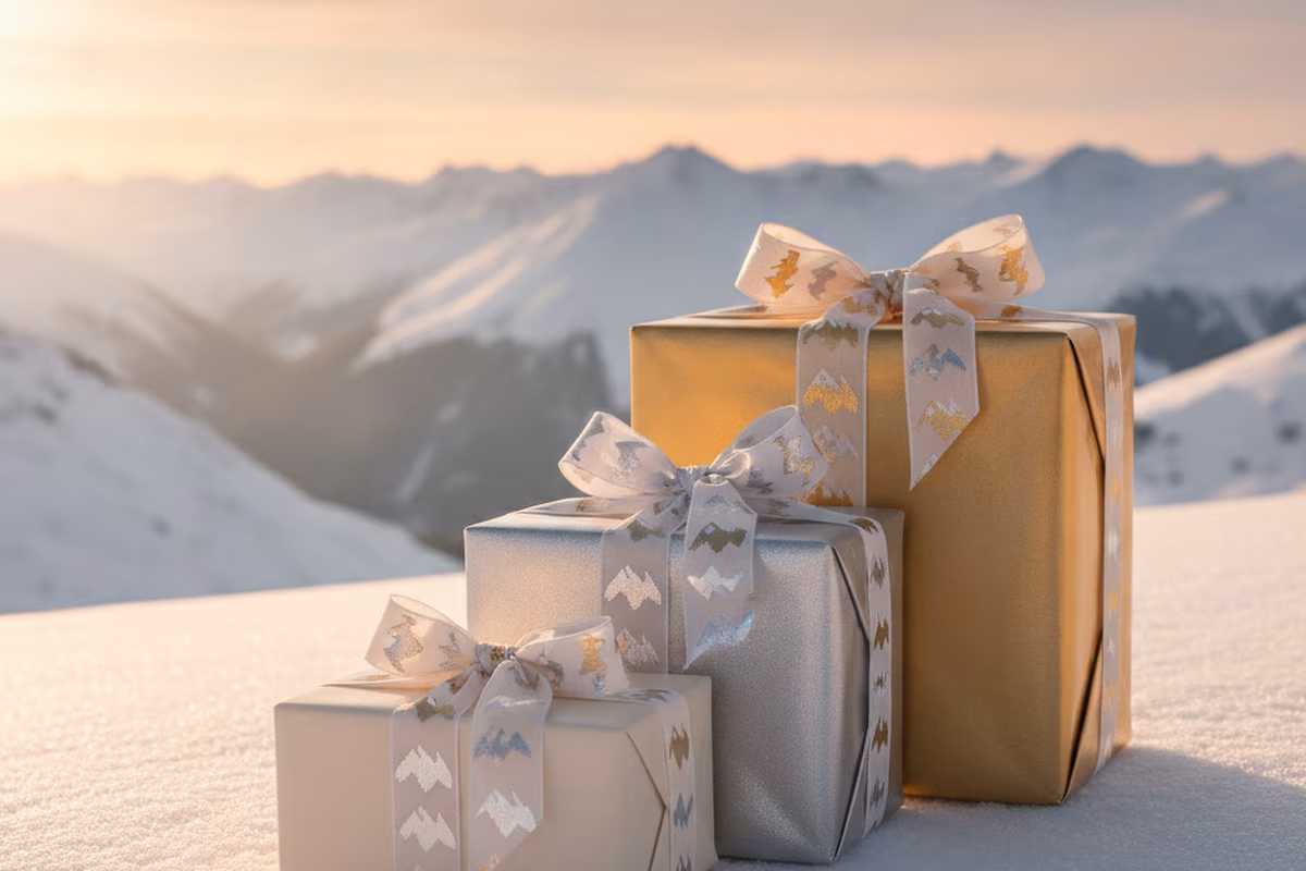 Three gift boxes in cream, silver and gold wrapping on a wooden table