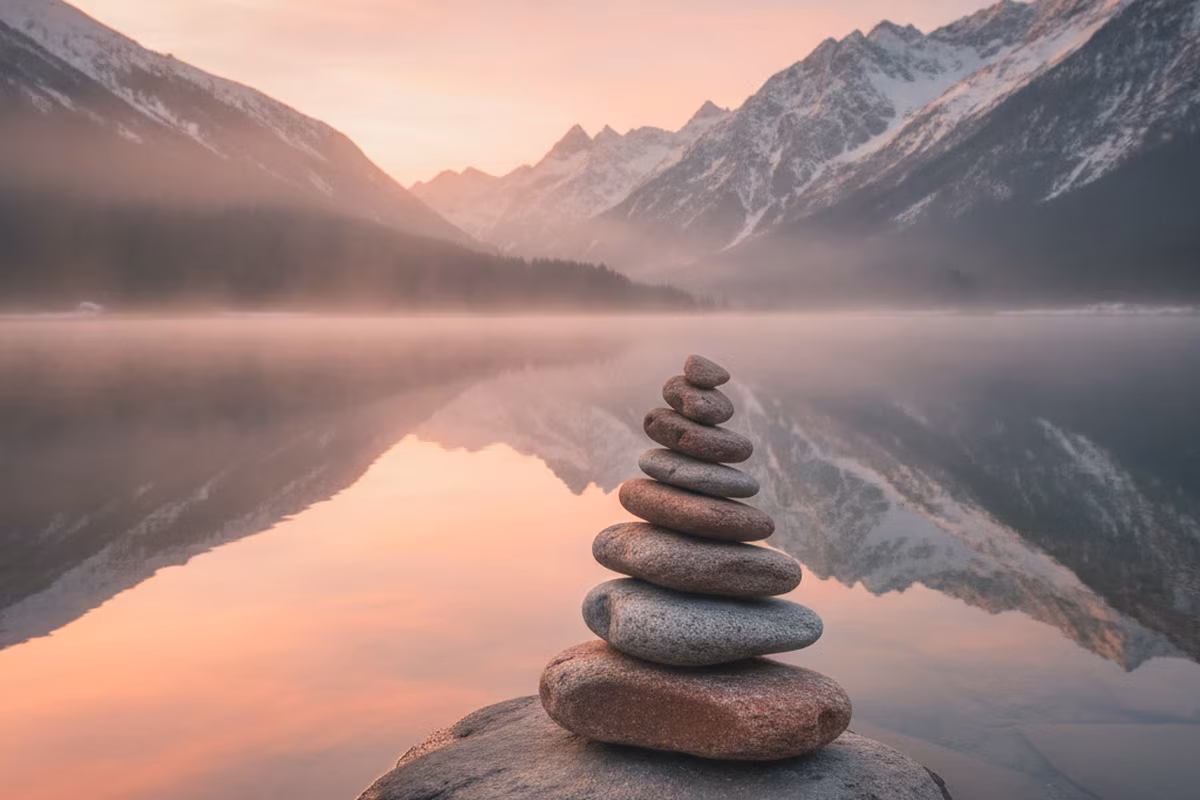 Smooth stones balanced in a careful stack beside a still alpine lake