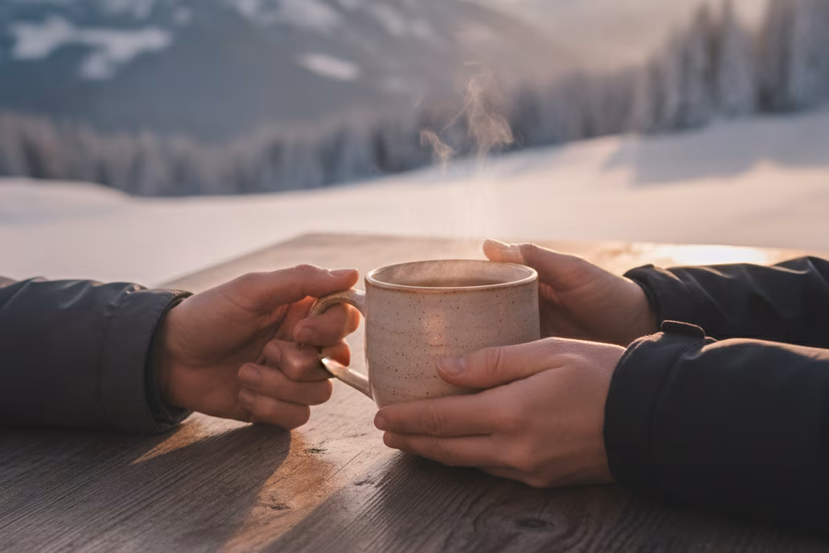 A warm cup of tea being handed across a wooden table